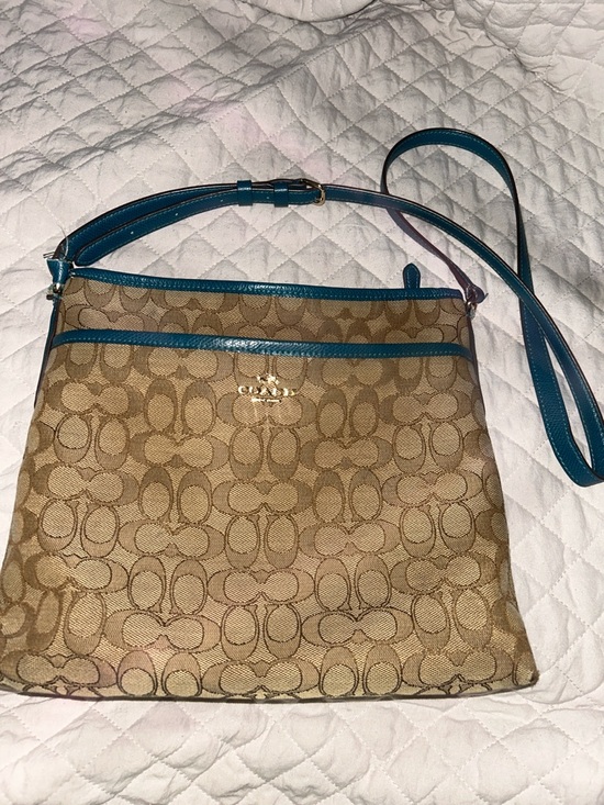 Coach Handbags - Coach Brown Signature Crossbody with Teal Trim